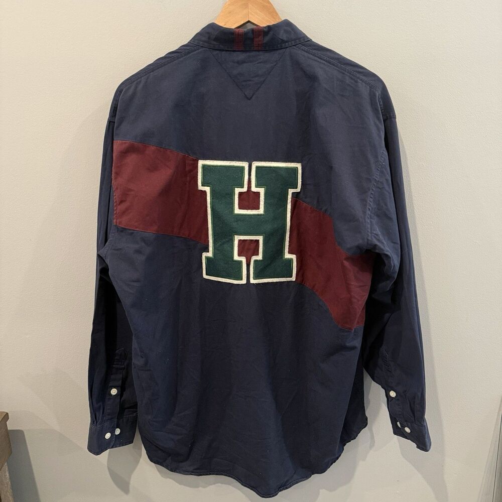 VTG 90s Tommy Hilfiger Varsity Button Down Shirt Big Logo H Patch Sz M Navy Blue